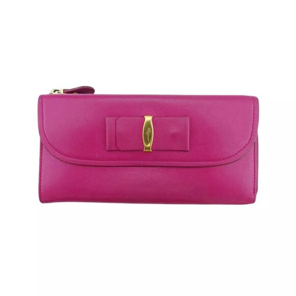 Salvatore Ferragamo Long Wallet Vala Ribbon Pink Leather Authentic USED